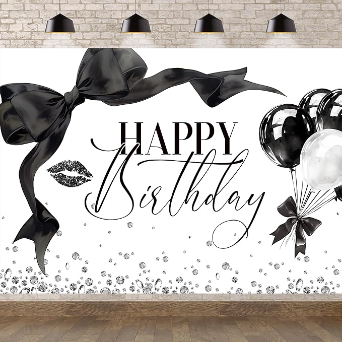 Black Bow Happy Birthday Banner Backdrop 7Wx5H Photography Girls Coquette Birthday Decorations Black White Bowknot Balloons Background Women Bachelorette Party Photo Booth Props Supplies