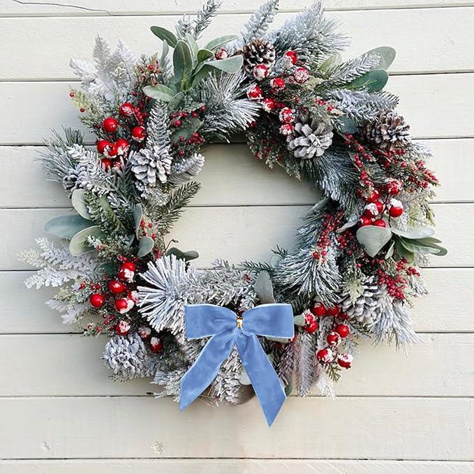 24 Pcs Light Blue Small Velvet Christmas Bows for Christmas Tree, Wreath, Gift Wrapping, Crafts, Wedding, Party, Twist Tie Bows for Treat Bag Bakery Candy Bags, Home Decor 1"W,3.5 x 3.5 inch