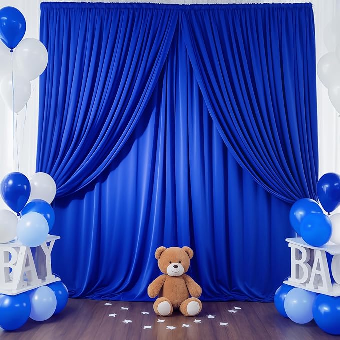 Wish Care Royal Blue Backdrop Curtain 4 Panels - Wrinkle-Free Polyester Photography Drapes for Baby Shower & Birthday Party - 16 X10FT