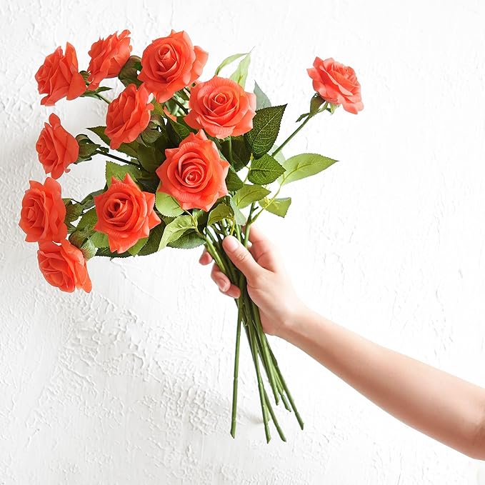 FiveSeasonStuff Coral Orange Artificial Roses Real Touch Silk Flowers with 12 Stems Wedding Bridal Bouquet Home Décor