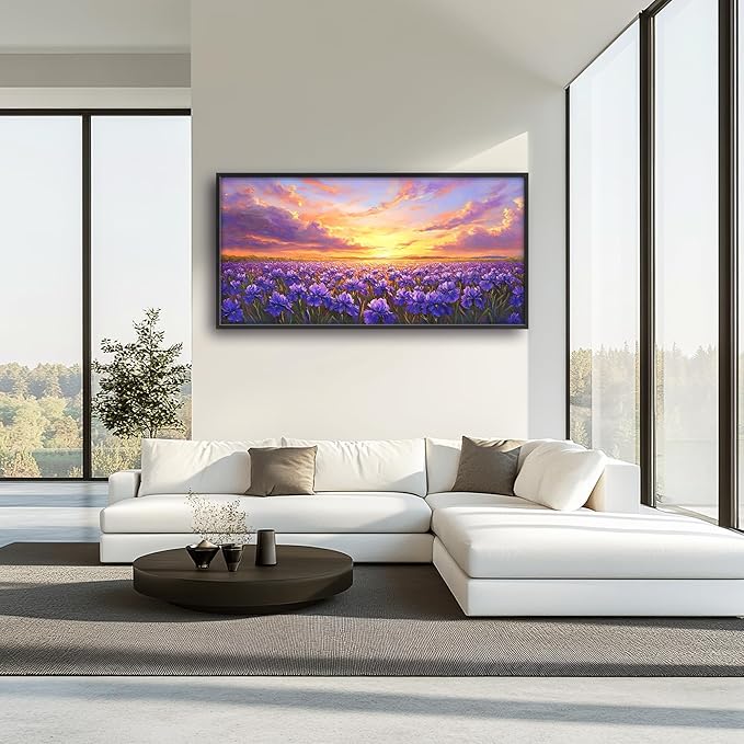 Iris Field Sunset Large Wall Art Purple Flower Framed Wall Decor for Living Room Iris Pictures Oversized Canvas Print Painting Modern Extra Large Framed Artwork for Bedroom Office 60"x30"