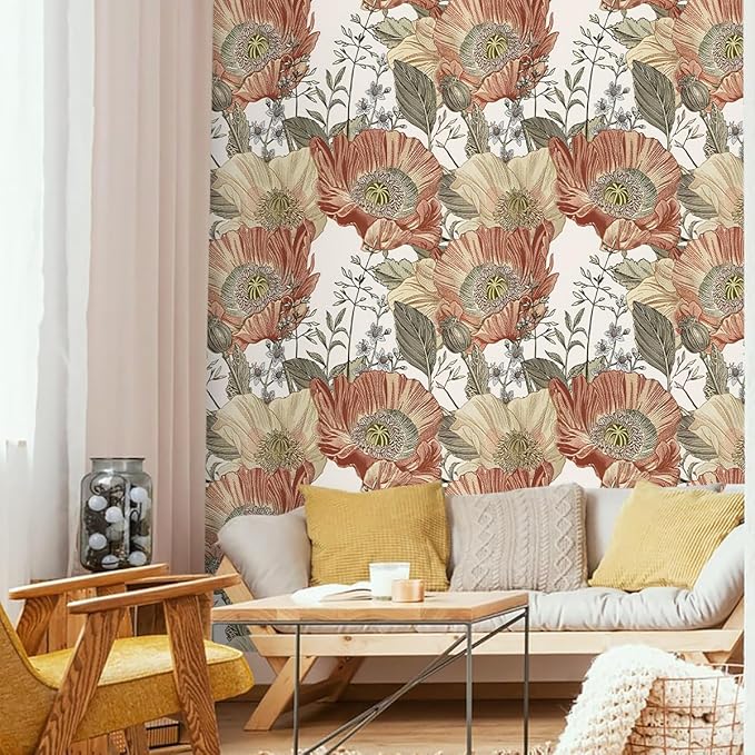 Livebor Floral Wallpaper Peel and Stick Boho Large Floral Peel and Stick Wallpaper Vintage Multicolor Flower Contact Paper 17.7'' x 118.1'' Self Adhesive Wall Paper for Bathroom Wall Covering Decor