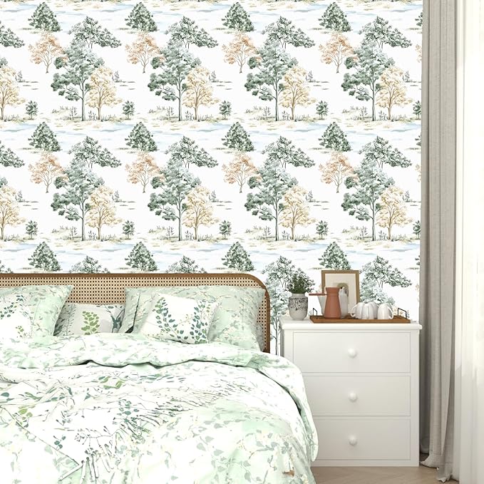 Trees Wallpaper Peel and Stick, White/Green/Yellow Forest Contact Paper, Modern Botanical Landscape Woodland Wall Paper Self Adhesive Waterproof Removable for Shelves Cabinet Drawer Table 17.5" x 118"