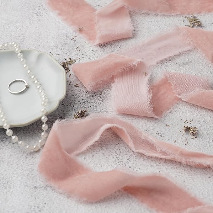 Dusty Pink Silk Velvet Ribbon 1.5 Inch Pink Frayed Edge Ribbon Rustic Style Fringe Velvet for Gift, Raw Edge Boho, Wedding Invitation Bridal Bouquet -3yards