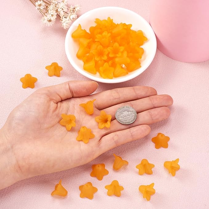 Crafans 50Pcs Frosted Acrylic Flower Beads 17.5x12x1.5mm Transparent Floral Pendants Clear Flower Bead Caps Loose End Spacer Beads for Jewelry Making (Orange)