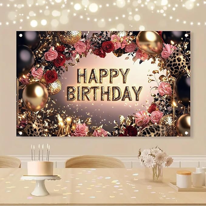 Red and Black Happy Birthday Backdrop Banner Gold Balloons Rose Flowers Leopard Print Party Decorations Photography Background Women Girls Birthday Photo Booth Props 71x43 Inch