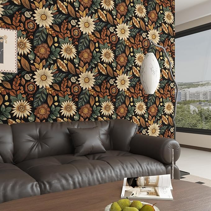 Vintage Boho Wallpaper Peel and Stick,Black Brown/Green Floral Contact Paper 17.5" x 393.7", Retro Flower Botanical Wall Paper Self Adhesive Removable Waterproof for Walls Shelves Cabinet Table Decor