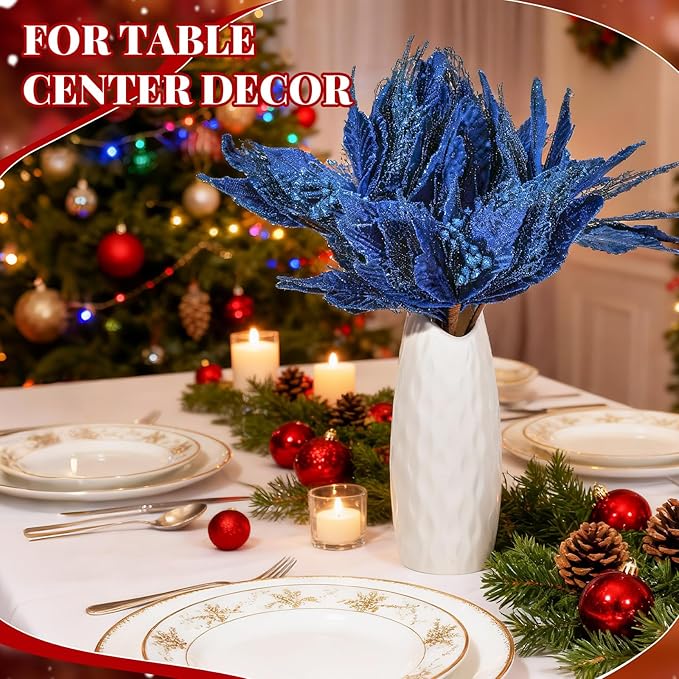 Yerliker 108 Pcs Blue Glitter Christmas Picks and Sprays, 12 Styles Artificial Christmas Floral Berry Branches Flowers Stems for Xmas Tree Ornaments Wreath Garland DIY Vase Holiday Party Decor