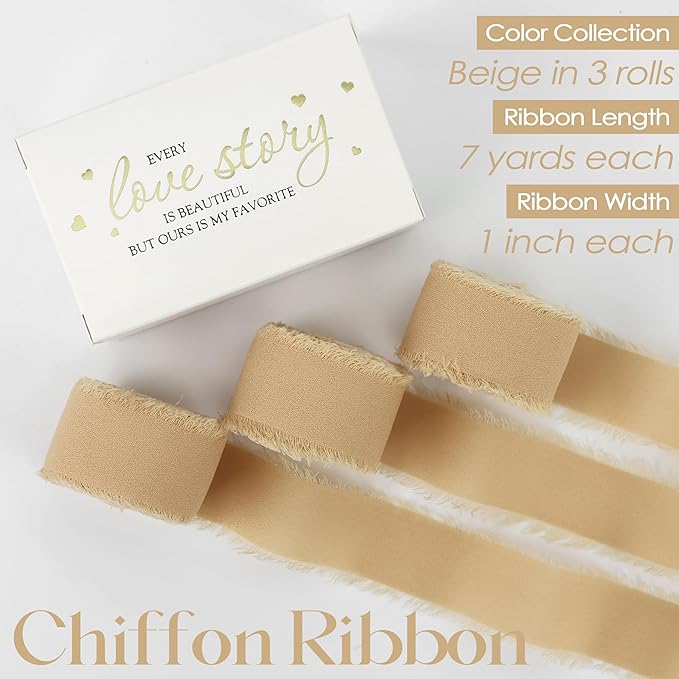 MEEDEE Beige Chiffon Ribbon 1 Inch Fringe Ribbons Cream Chiffon Silk Frayed Edge Ribbon Thin Chiffon Ribbons for Crafts, Gift Wrapping, Wedding Invitation (3 Rolls 21 Yards)
