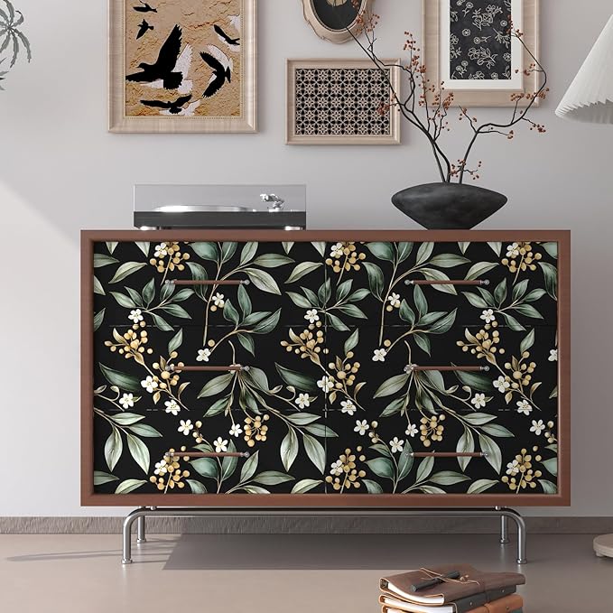 Black Green Floral Peel and Stick Wallpaper, 17.5" x 197" Vintage Dark Green Leaf Botanical Self-Adhesive Contact Paper for Bathroom Bedroom Kitchen Cabinet Drawer Vinyl Wall Paper Dark Green