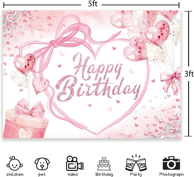 Coquette Happy Birthday Backdrop 5Wx3H Photography Pink Bow Heart Balloons Modern Preppy Diamonds Sweet Princess Background for Girls Teens Party Decorations Banner Photo Booth Props Supplies