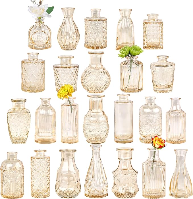 Glass Bud Vase Set of 24, Small Amber Flower Vases for Centerpieces in Bulk, Mini Vintage Vase for Wedding Decor, and Home Table Décor