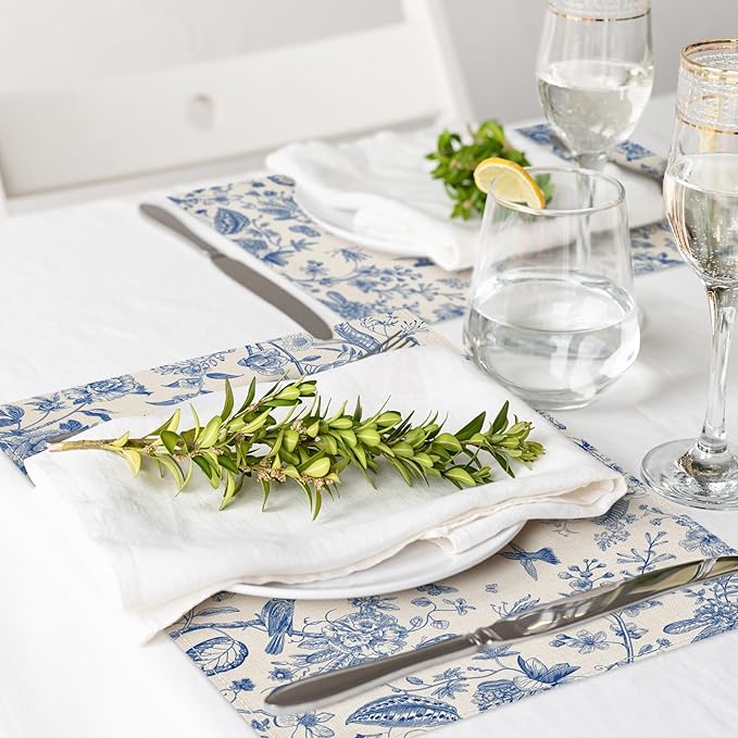 6Pcs Blue White Floral Placemats Flower Birds Branches Table Place Mats 12 x 18 in Vintage Non-Slip Heat Resistant Kitchen Dinner Mat for Home Dining Table Decoration
