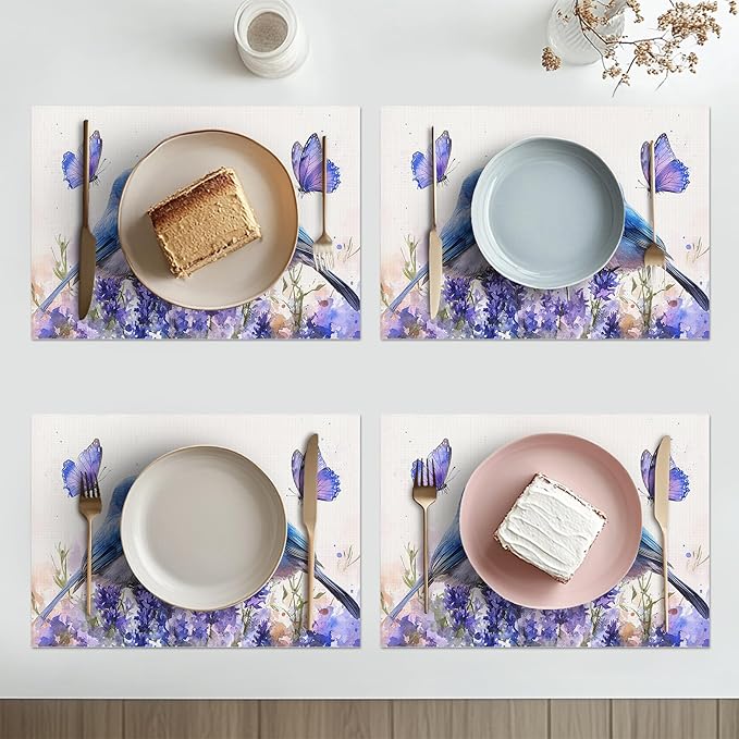 Lavender Birds Placemats Set of 4 Washable Table Mats Spring Floral Flower Heat-Resistant Cotton Linen Place Mats for Dining Table Kitchen Indoor Outdoor Party Holiday Decor