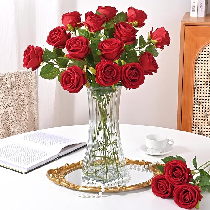 Waipfaru Red Roses Artificial Flowers Bulk, Real Touch Velvet Roses with Wrapping Paper, 50 Pcs Fake Flowers for Wedding Centerpieces Bridal Bouquet Valentines Mothers Day Decor