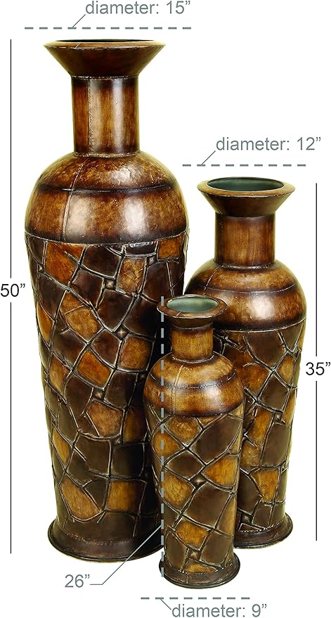 Deco 79 Metal Decorative Vase Indoor Outdoor Tall Floor Bottleneck Centerpiece Vases with Tortoise Shell Pattern, Set of 3 Flower Vases for Home Decoration 50", 35", 26"H, Brown