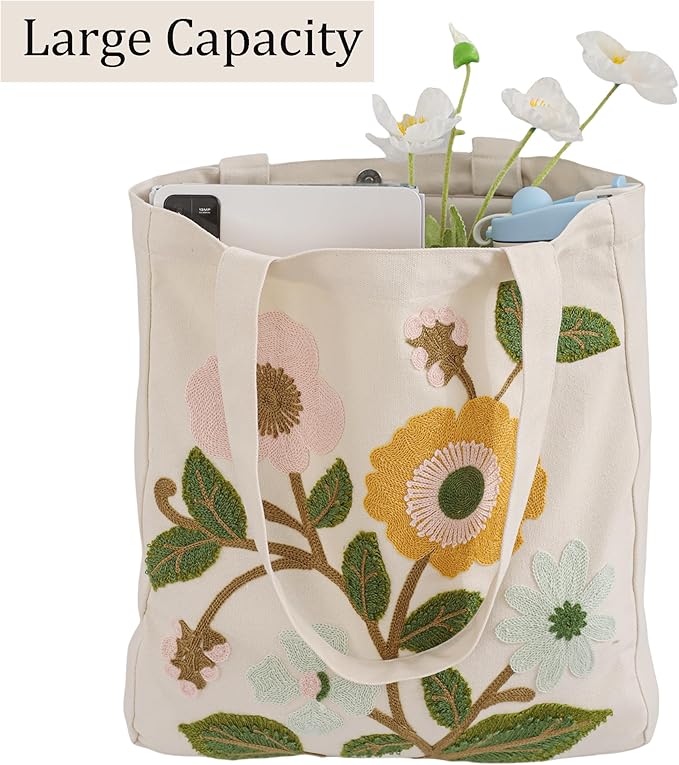 Aesthetic Embroidery Tote Bag for Lady Cute Reusable Canvas Shoulder Bag for Girls Women Shopping Grocery