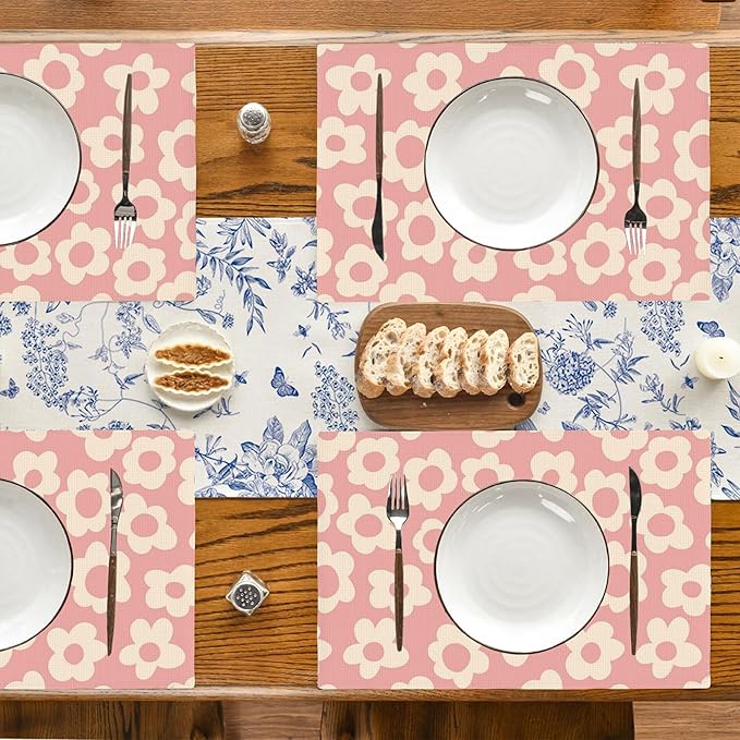Vintage Groovy Flowers Placemats Set of 4, Placemats for Dining Table,Heat Resistant Stain Resistant Wipeable Table Mats for Kitchen Dining Holiday Party Home Decor,12x18 Inch