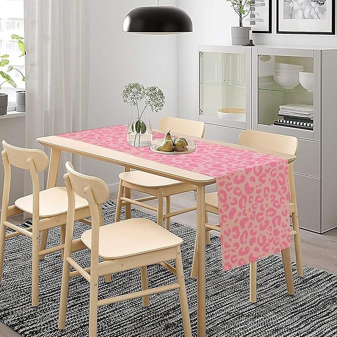 Pink Leopard Print Table Runner, Vintage Animal Skin Farmhouse Cottage Country Western Wildlife Safari Dinner Runner for Kitchen Dining Table Party Holiday Decor 13x108in