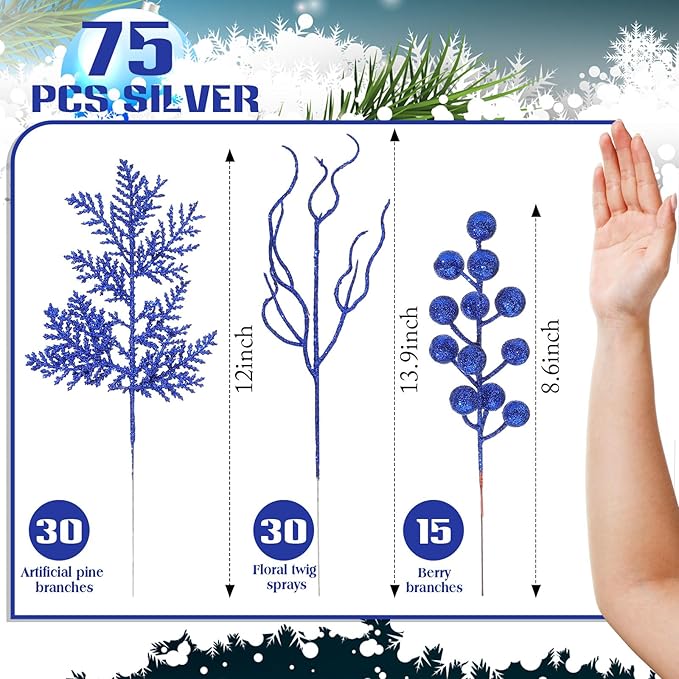 75 Pcs Christmas Glitter Branches 3 Styles Artificial Christmas Picks Berries Stems Pine Needles Floral Twig Spray for Xmas Tree Ornaments DIY Wreath Garland(Blue)