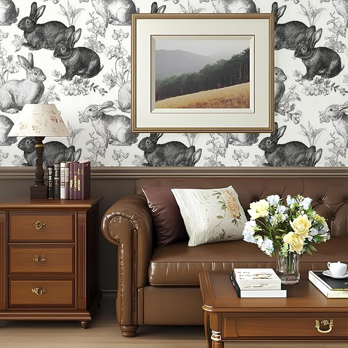 Floral Peel and Stick Vintage Animal Wallpaper Rabbit Removable Botanical Leaf Sketch 17.7" x 236.22" Wall Paper Self Adhesive Contact Paper for Classroom Bedroom Laundry Room Bathroom