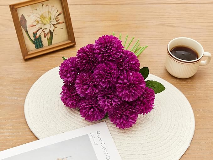 SITUMEIZI 12 Pcs Purple Flowers Artificial Chrysanthemums Ball Flower Fake Mums Silk for Wedding Home Kitchen Decoration Floral Arrangement