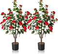 Artificial Camellia Tree,2Pack 3.6FT Faux Red Camellia Plants in Pots,Lifelike Artificial Flower Trees for Indoor Outdoor Home Decor,Realistic Blooming Faux Plants for Living Room Porch Patio Office