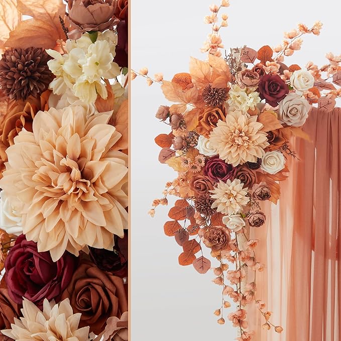 Ting's time Artificial Wedding Arch Flowers Kit(Pack of 4) 2pcs Large Artificial Flower Swags with 2pcs Draping Fabric for Wedding Party Ceremony Decoration(Burnt Orange)