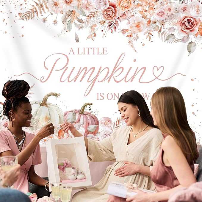 7x5ft Pumpkin Baby Shower Backdrop for Girls Pink Floral Leaves Photography Background Newborn Baby Shower Party Decorations Little Pumpkin Backdrops Banner Supplies Studio Photo Booth Props
