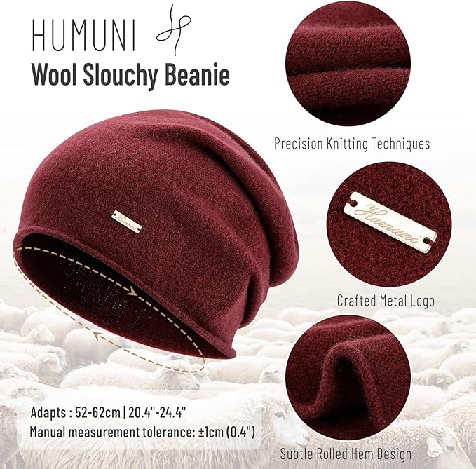100% Wool Slouchy Beanie, Warm Beanie Hats for Women Breathable Knitting Skull Beanies Cap for Spring Fall Winter