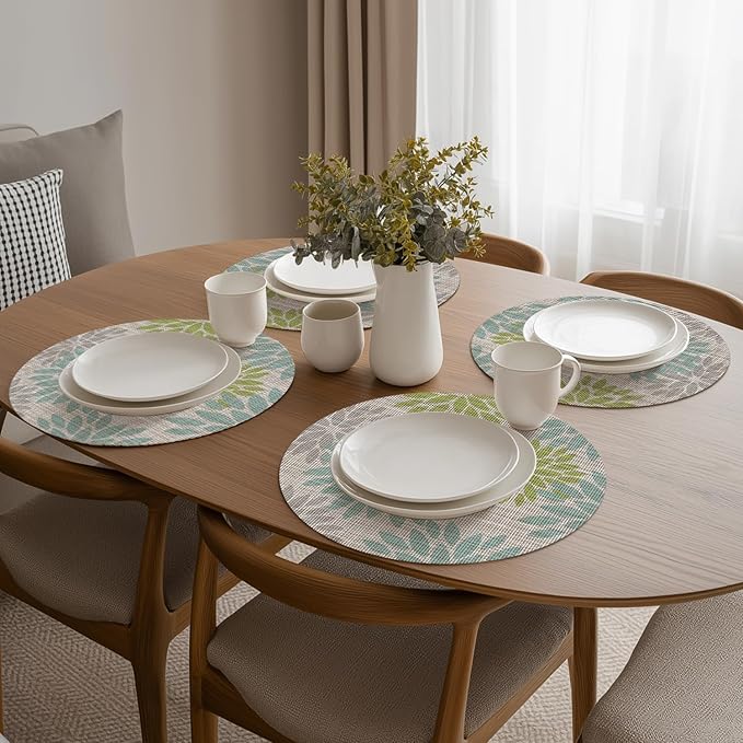 Artoid Mode Light Green Dahlia Plastic Round Placemats Set of 4, 14 Inch Seasonal Wipeable Woven Vinyl Table Mats for Farmhouse Party Kitchen Dining Decor