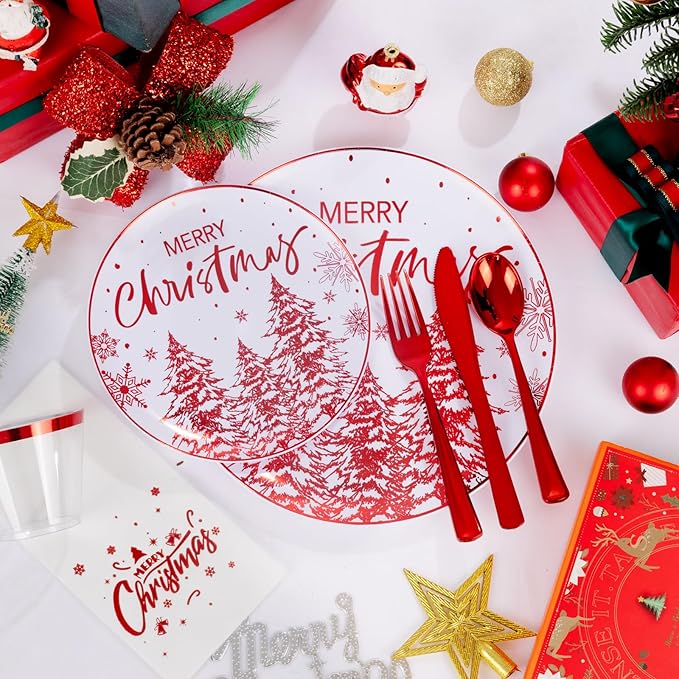 Rubtlamp 175 Pcs Christmas Plastic Plates And Napkins, Christmas Plates Disposable, White And Red Plastic Dinnerware Include 25Dessert Platos, 25Dinner Platos, 75 plastic cultery, 25Cups, 25Napkins