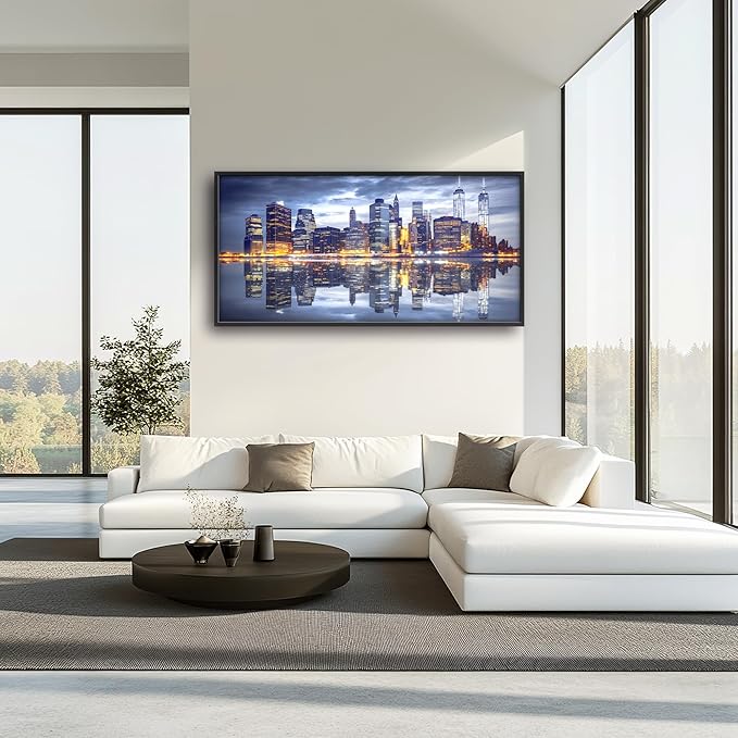 New York City Large Wall Art Framed Wall Decor for Living Room, Manhattan Skyline at Night Pictures Oversized Canvas Print Painting Modern Extra Large Framed Artwork for Bedroom Office 60"x30"