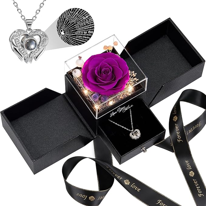FIACO Gifts for Women Preserved Real Roses with I Love You Necklace Fresh Forever Flowers Birthday Gifts for Mom Grandma Wife Girlfriend on Anniversary Christmas Valentines Romantic Gift