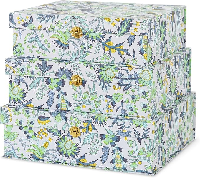 Soul & Lane Floral Cardboard Decorative Storage Boxes with Gold Hardware - Set of 3, Midnight Garden - Stacking Boxes with Lids for Home Decor and Organizing, Elegant Design