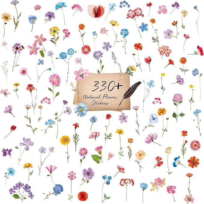 330+ PCS Natural Flower Stickers, Self-Adhesive PVC Nature Floral Stickers for Scrapbook, Laptop, Journal, DIY Project, Spring Themed Party Decors