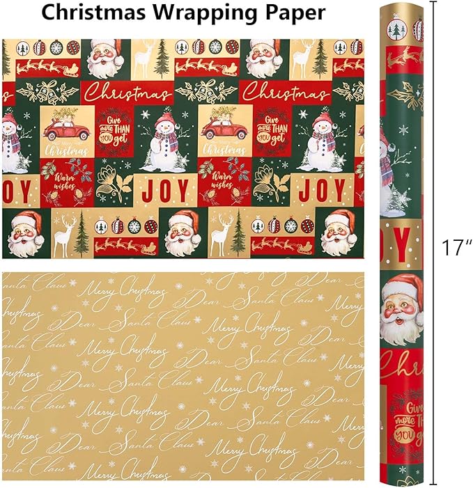 MAYPLUSS Christmas Wrapping Paper - 17 Inch X 33 Feet - Santa Claus Reversible Merry Christmas Gift Wrapping Paper, Metallic Foil Thick Gift Wrap Paper for Holiday Party New Year Kids