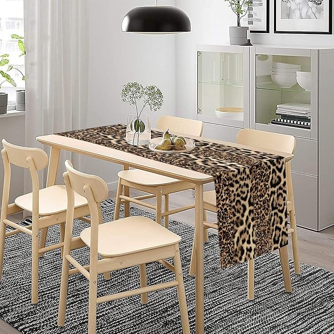 Animal Skin Print Table Runner, Vintage Farmhouse Cottage Country Western Wildlife Safari Leopard Dinner Runner for Home Kitchen Dining Table Party Holiday 13x60in