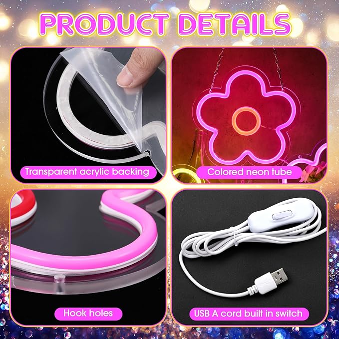 Baquler 3 Pcs Flower Neon Sign Light up Flower Sign Retro Neon LED Lights USB Powered for Wall Decor Window Bedroom Home Girls Birthday Christmas Party Decoration, 9 x 9 Inches(Stylish)