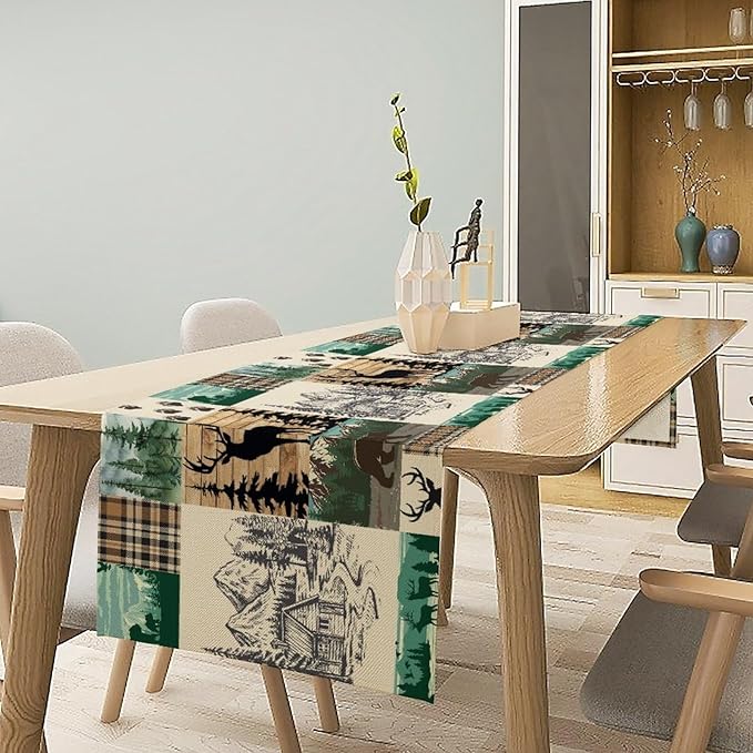 Rustic Cabin Table Runner, Farmhouse Deer Bear Retro Pine Forest Wooden Plank Wild Animal Seasonal Coffee Table Center Decor for Home Kitchen Dining Holiday Party Table Decorations 13x108 inches