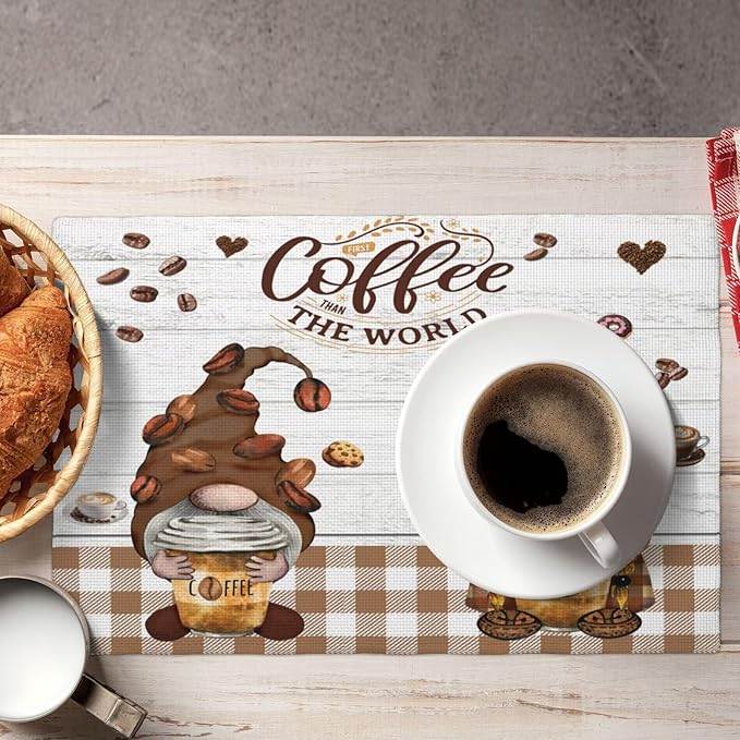Coffee Gnomes Linen Placemats Set of 6 Brown Buffalo Plaid Placemat Indoor Outdoor Party Home Desktop Kitchen Dining Room Decoration 12x18 Inch