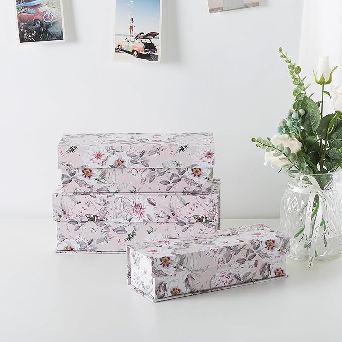 Soul & Lane Decorative Storage Boxes with Lids, Set of 3 Memory Keepsake Boxes with Magnetic Closure, Cardboard Storage for Photos, Documents, Gifts, Home Decor, Blush Whisper
