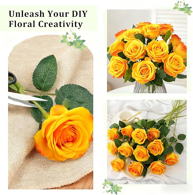 Orange Roses Artificial Flowers 15 PCS, Fake Roses Silk Flowers with Long Stems, Faux Rose for Wedding Centerpieces, Home Decor, Indoor Floral Arrangements, Party Decor, DIY Bouquet (Orange)