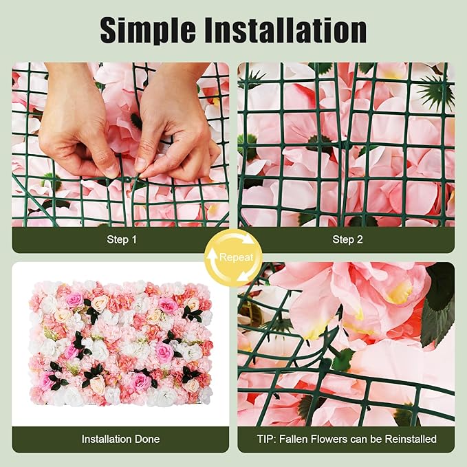 LOYALHEARTDY 12 Pack Artificial Flower Wall Panels 24" x 16" White & Pink Faux Roses Artificial Flower Backdrop Panels for Wedding Party Event Flower Wall Decor