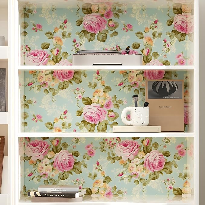 Blue Rose Wallpaper Peel and Stick Boho Wallpaper 17.5in x 9.8ft Vintage Floral Contact Paper Vinyl Self Adhesive Removable Modern Floral Wall Paper for Bedroom Shelf Liner Cabinet Decor
