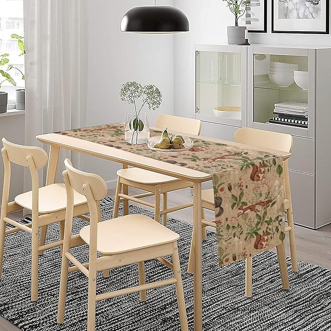 Rustic Woodland Table Runner, Retro Cabin Lodge Fairy Tale Forest Wild Animals Hare Squirrel Print Table Runner for Kitchen Dining Home Decor Wreath Party Decoration, 13x108inch