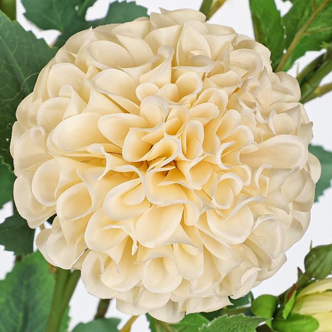Hollyone 5PCS Dahlia Artificial Flowers 24.8" White Fake Ball Dahlias Silk Flowers Faux Roses Flower with Long Stems for DIY Wedding Bouquets Table Centerpieces Arrangements Bridal Party Home Decor