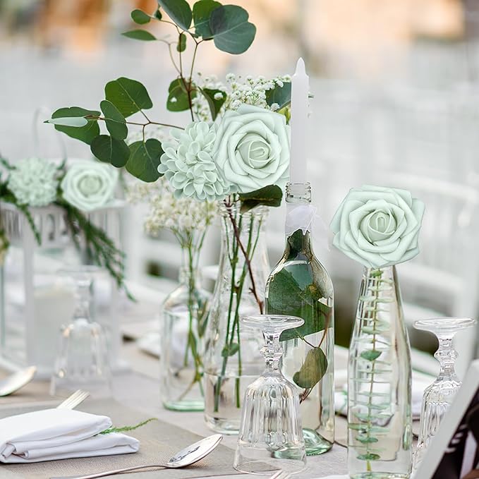Artificial Flowers, 50pcs Artificial Rose for DIY Wedding Bouquets Centerpieces Arrangements, Light Green Rose Flowers with Stem for Bridal Shower Party Home Decorations