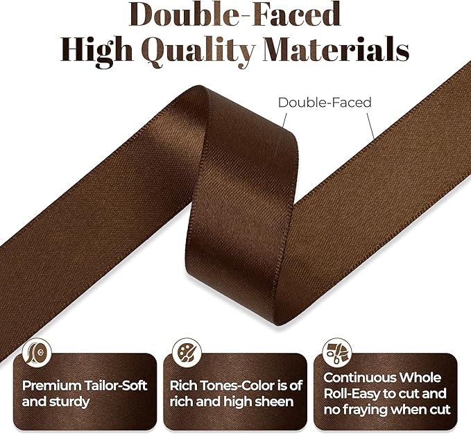 Double Faced Brown Satin Ribbon, 7/8 Inch X 25 Yards Polyester Ribbon for Gift Package Wrapping, Crafts, Bow Making, Sewing, Flower Bouquet, Wedding Party Decor