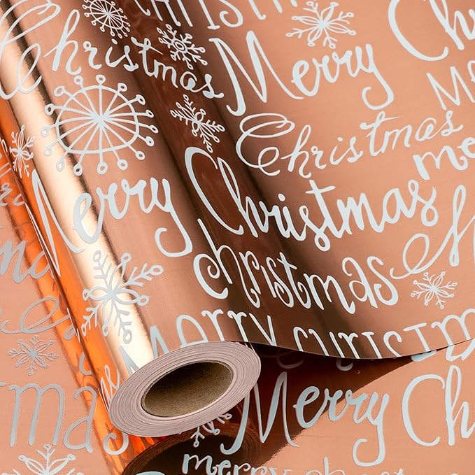 MAYPLUSS Foil Christmas Wrapping Paper - 17 Inch X 33 Feet - Girly Rose Gold MERRY CHRISTMAS Script and Snowflake Girl Winter Gift Wrap Present Paper Roll for Christmas, Holiday, Festive Decoration
